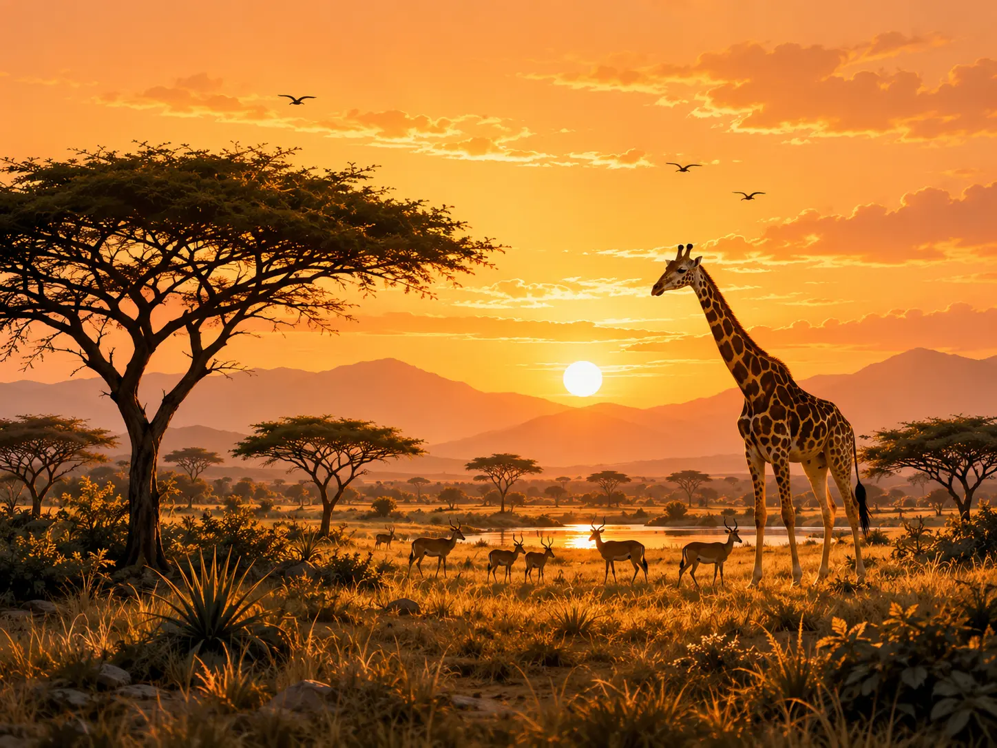 Lake Bor savannah landscape with giraffe, acacia trees and sunset
