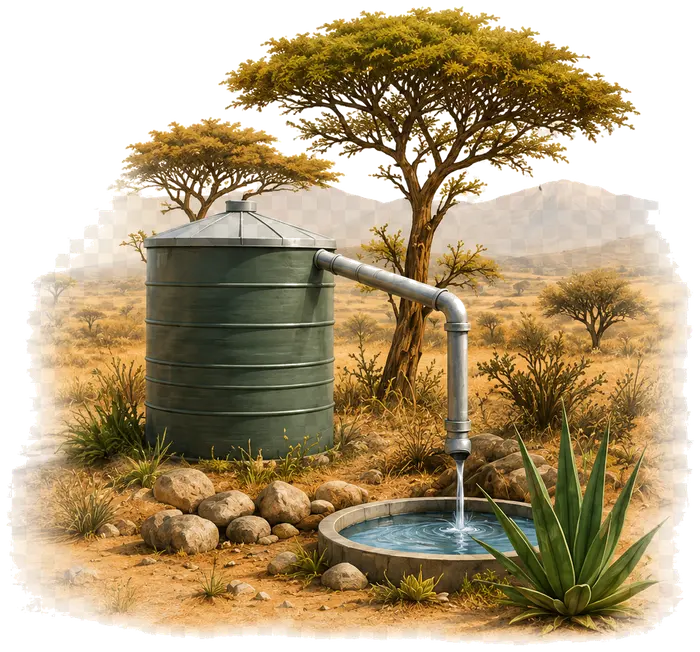 Rainwater harvesting tank and dryland plants showing climate action